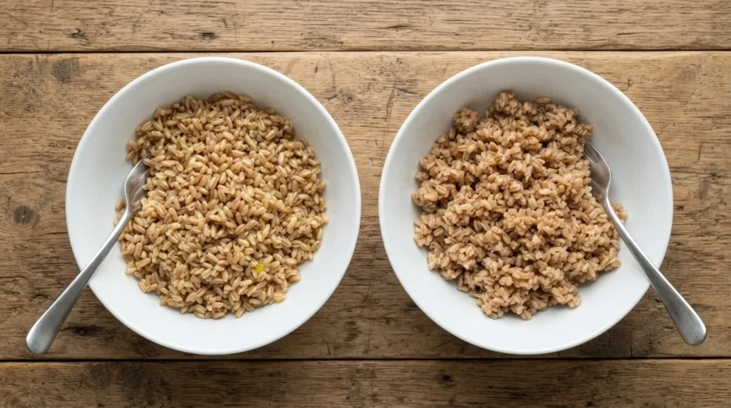 Two bowls of cooked farro side by side: one with loose, separate glossy grains and one with softer, clumped grains