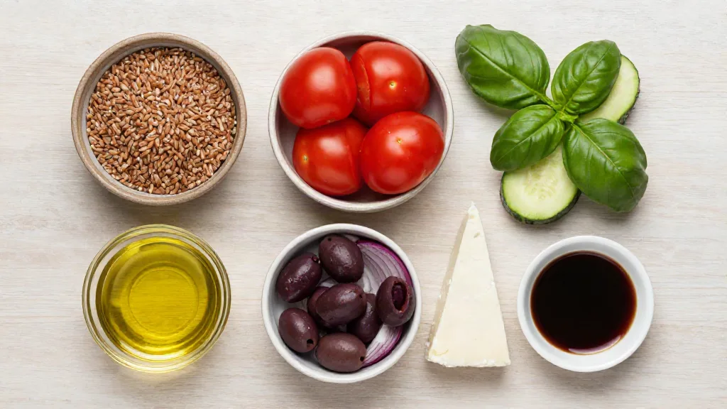 Farro, tomatoes, cucumber, basil, Kalamata olives, red onion, ricotta salata, olive oil and red wine vinegar on a wooden surface