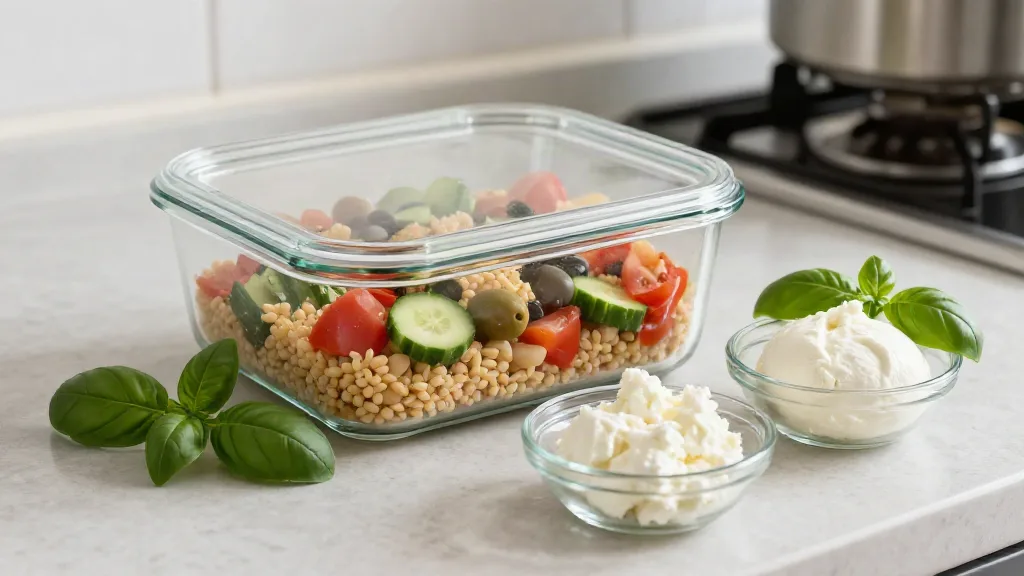 Leftover farro salad in a glass container, with basil and crumbled cheese kept aside in small dishes