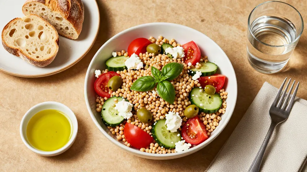 An Italian lunch table with a large bowl of farro salad, crusty bread and olive oil