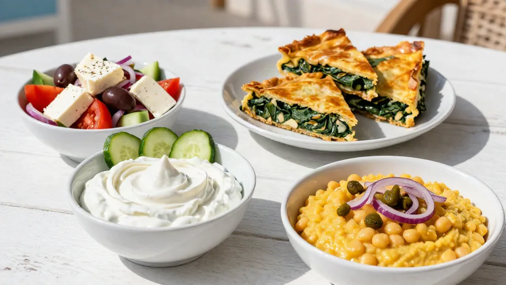 Greek meze with tzatziki, village salad with feta, spinach pie triangles and a yellow legume dish