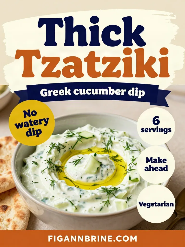 Pinterest pin for thick Greek tzatziki with grated cucumber, dill and olive oil