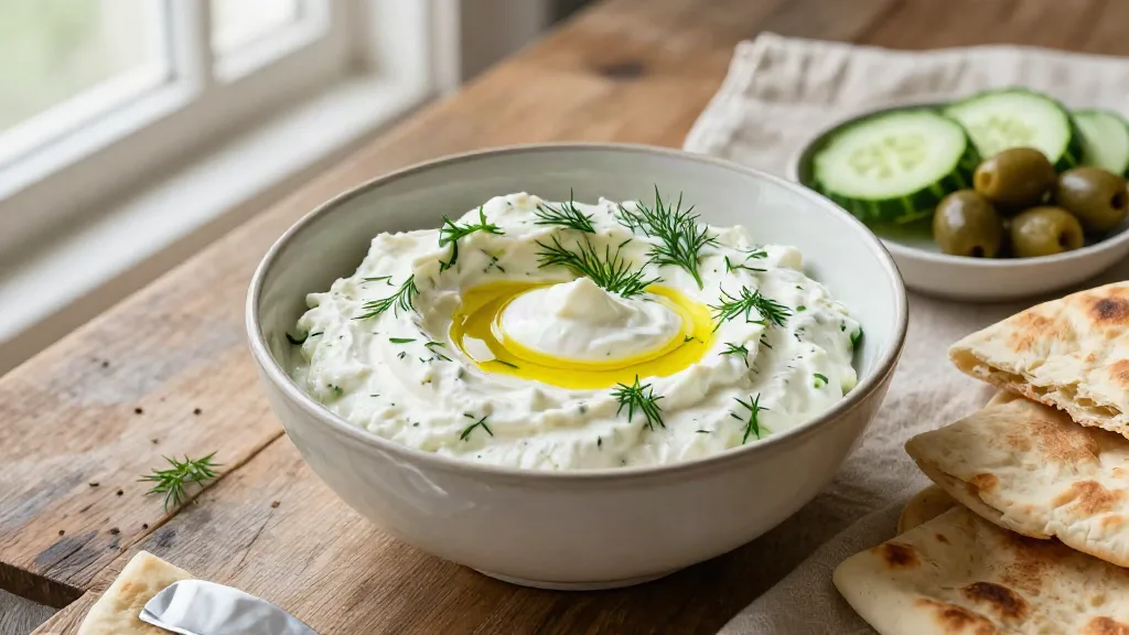 A bowl of thick tzatziki with grated cucumber, dill and olive oil, served with pita, cucumber and olives
