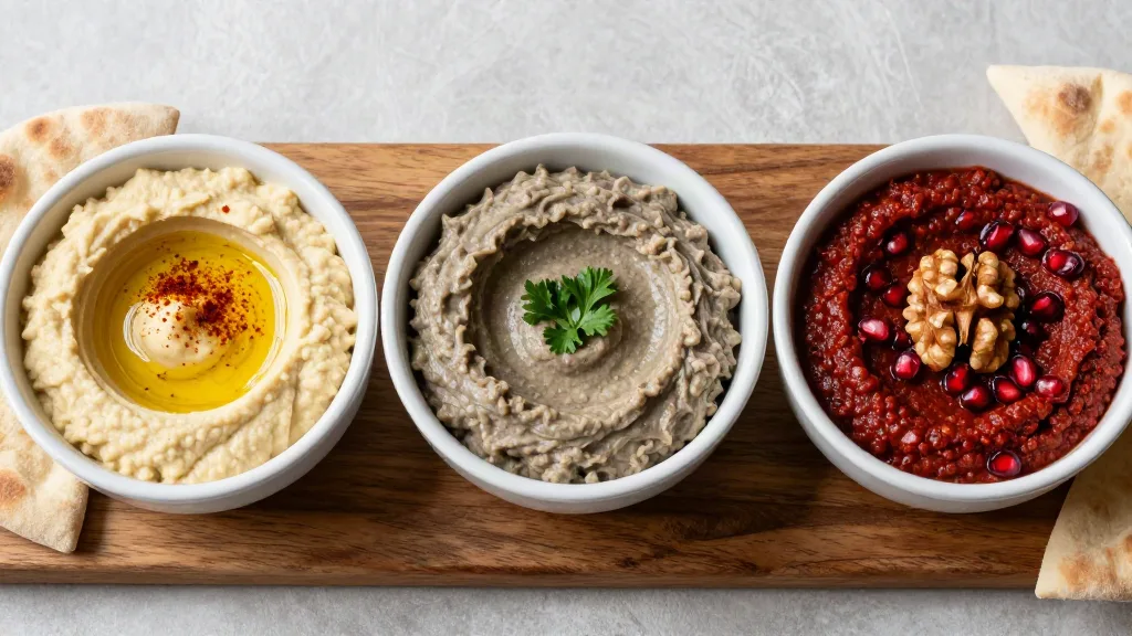 Hummus, baba ganoush and muhammara with walnut and pomegranate in white bowls on a wooden board
