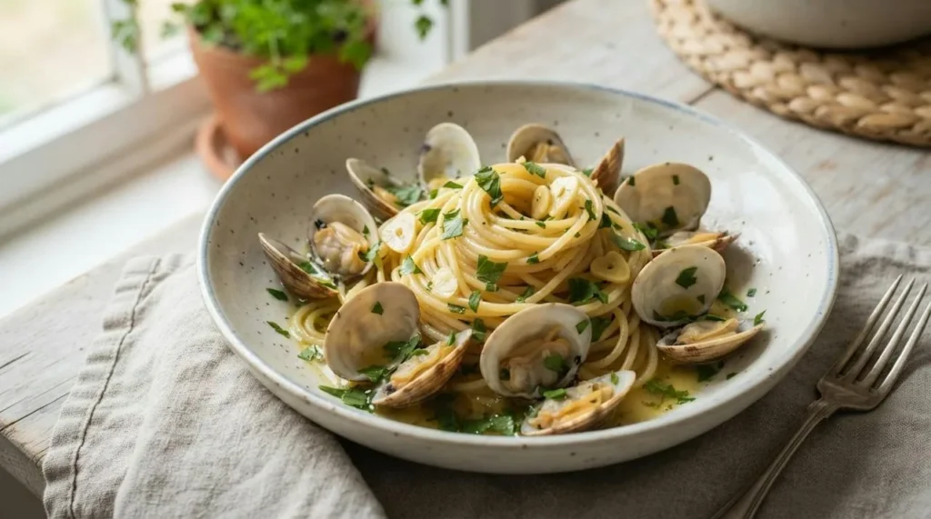 Spaghetti alle vongole in a shallow bowl with open clams, pale golden garlic, parsley and a little clam broth