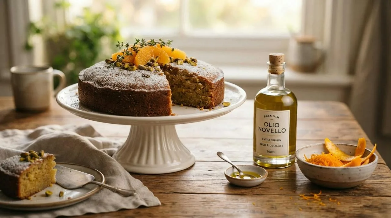 Olive oil cake on a cake stand next to a small bottle of mild light olive oil and a bowl of orange zest