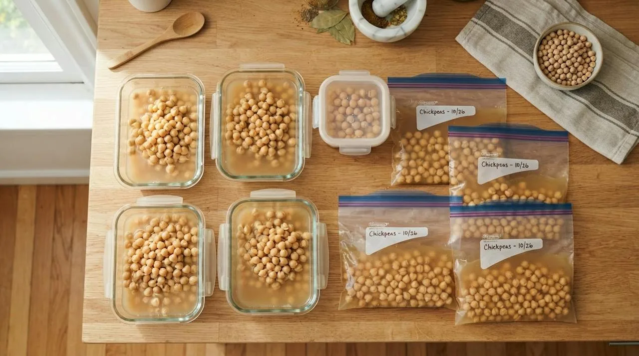 Portions of cooked chickpeas frozen flat in bags and glass containers with a little cooking liquid