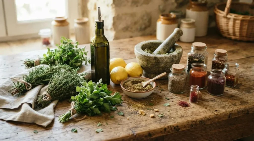A Mediterranean herb and spice pantry with fresh rosemary, thyme, oregano and parsley, glass jars of spices, a stone mortar and pestle, za'atar, saffron, olive oil and lemons on a rustic table
