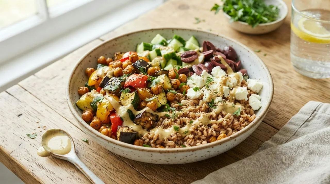 Mediterranean grain bowl with farro, roasted eggplant, peppers, zucchini and chickpeas, cucumber, olives, feta and lemon tahini