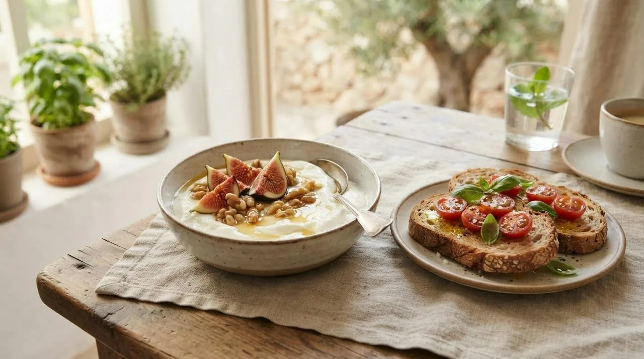A bowl of Greek yogurt topped with sliced fresh figs, walnuts and honey beside whole-grain toast with olive oil and tomato