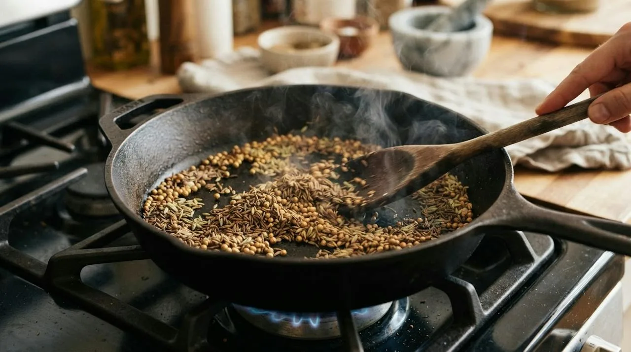Whole cumin, coriander and fennel seeds toasting in a dry cast iron skillet