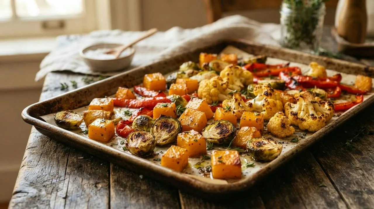 Roasted butternut squash cubes, halved Brussels sprouts and cauliflower florets on a sheet pan with a few red peppers