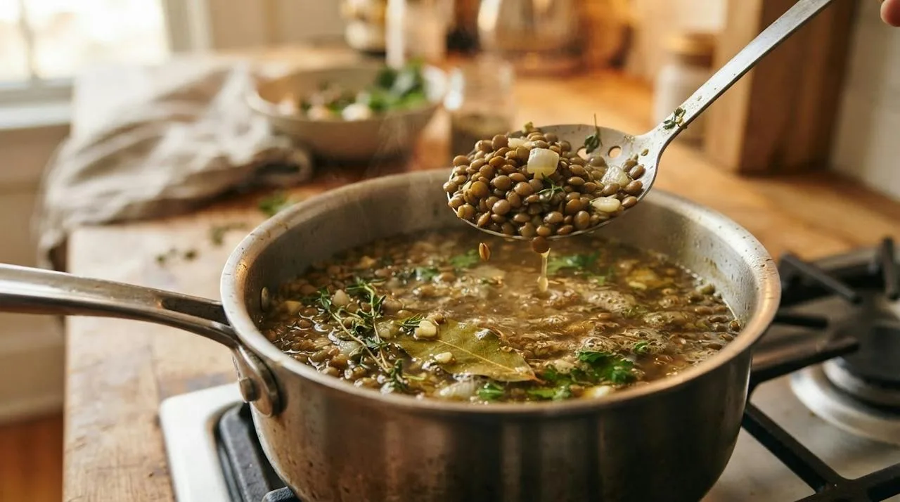 Green lentils simmering in a saucepan with garlic and a bay leaf, a spoon lifting firm intact lentils