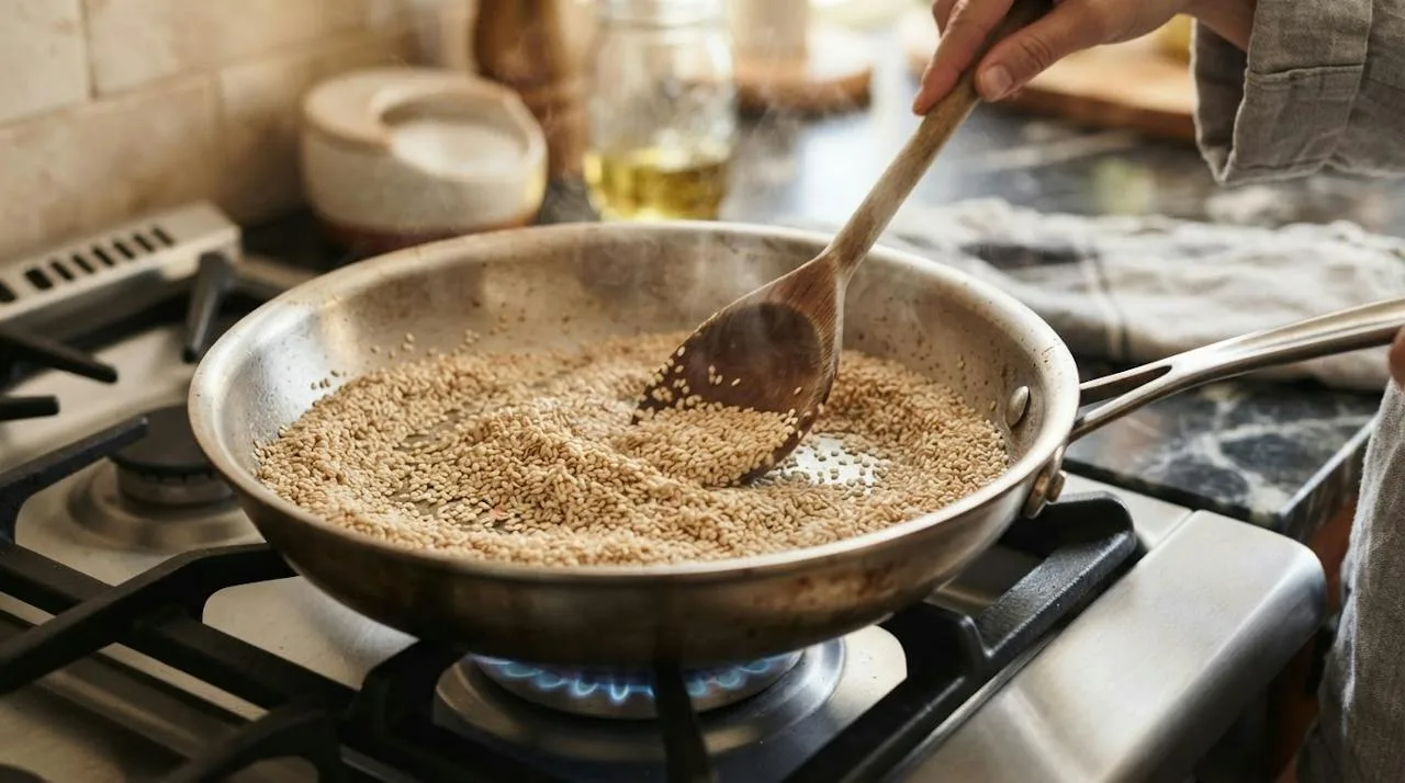 Sesame seeds toasting lightly golden in a dry stainless-steel skillet with a wooden spoon