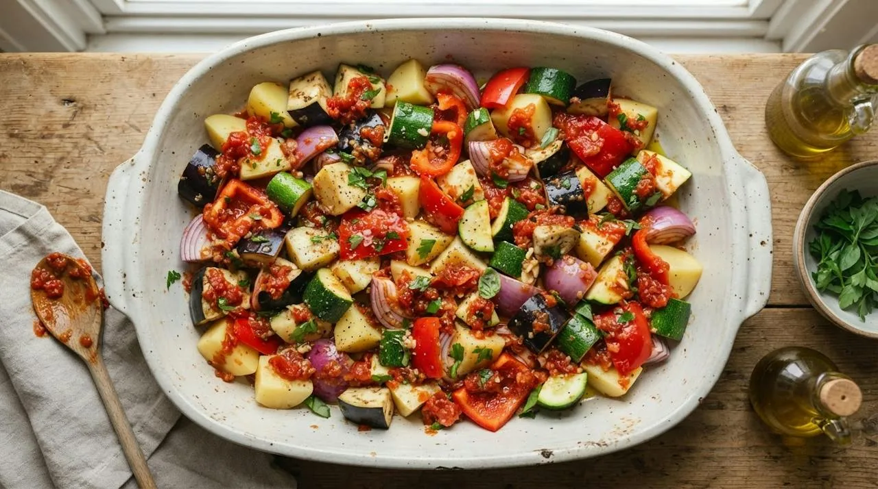 Vegetables coated in tomato and olive oil spread in an even layer in a large shallow baking dish before baking