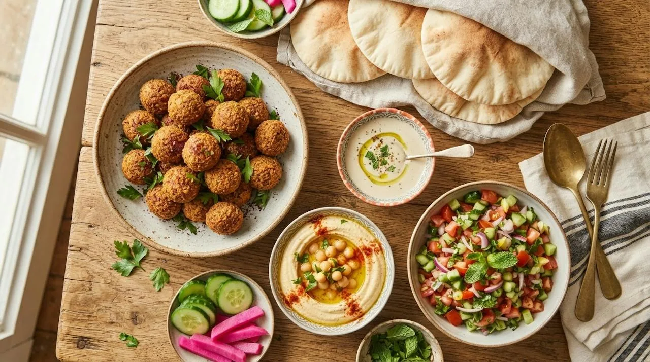 A falafel meal with pita, tahini sauce, tomato and cucumber salad, pickled turnips, parsley and hummus