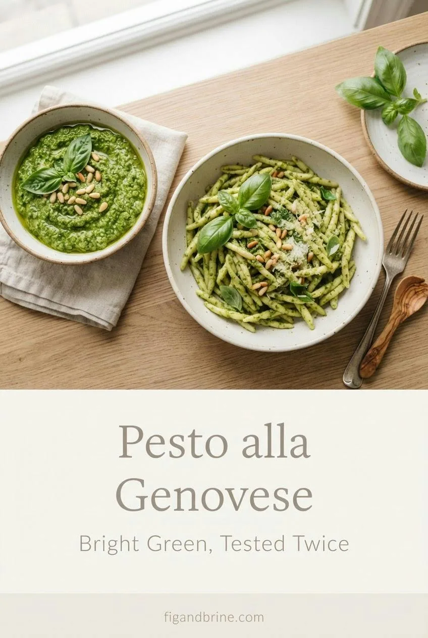 Vertical Pinterest pin showing a bowl of basil pesto beside trofie pasta, titled Pesto alla Genovese