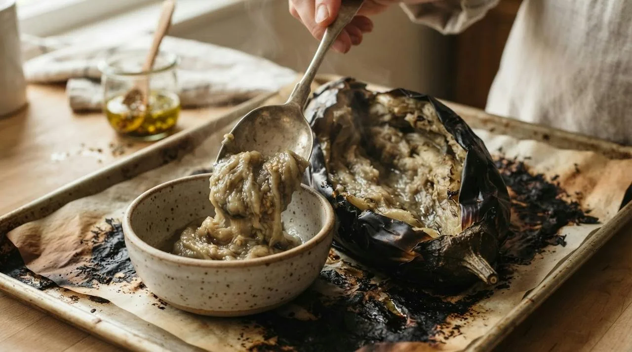 A whole roasted eggplant, collapsed with blackened skin, with soft flesh being scooped into a bowl