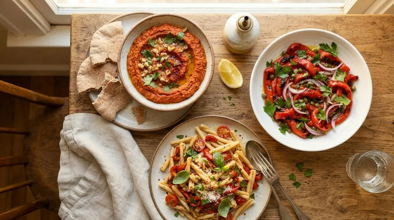 A bowl of muhammara, a roasted pepper and parsley salad, and pasta with roasted peppers