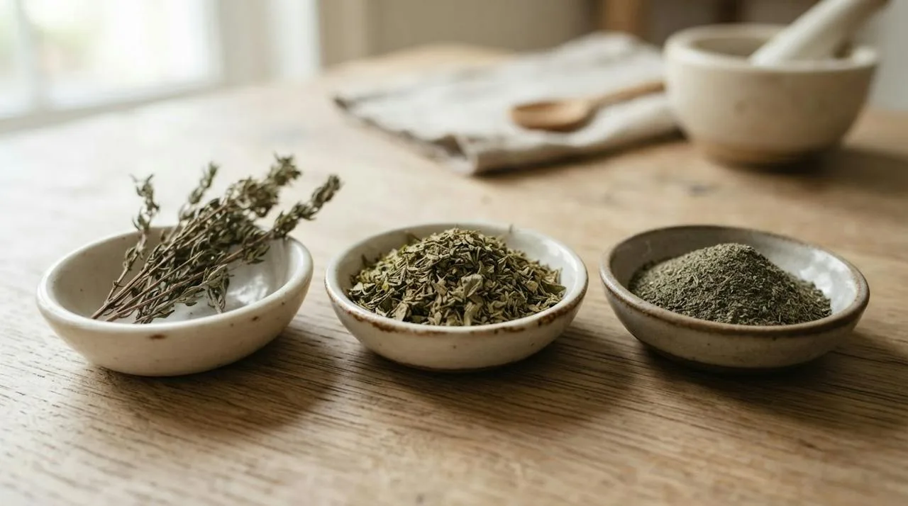 Three small dishes of dried thyme: whole dried sprigs, crumbled leaves and fine ground powder