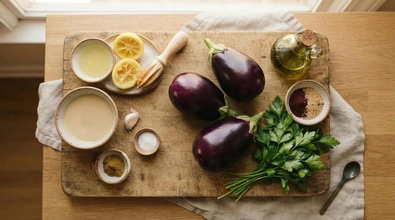 Whole globe eggplants, runny tahini, lemons, a garlic clove, salt, cumin, parsley, sumac, sesame seeds and olive oil on a wooden board
