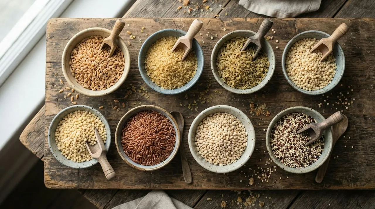 Flat-lay of uncooked farro, bulgur, freekeh, pearl couscous, brown rice, barley and quinoa in small ceramic bowls