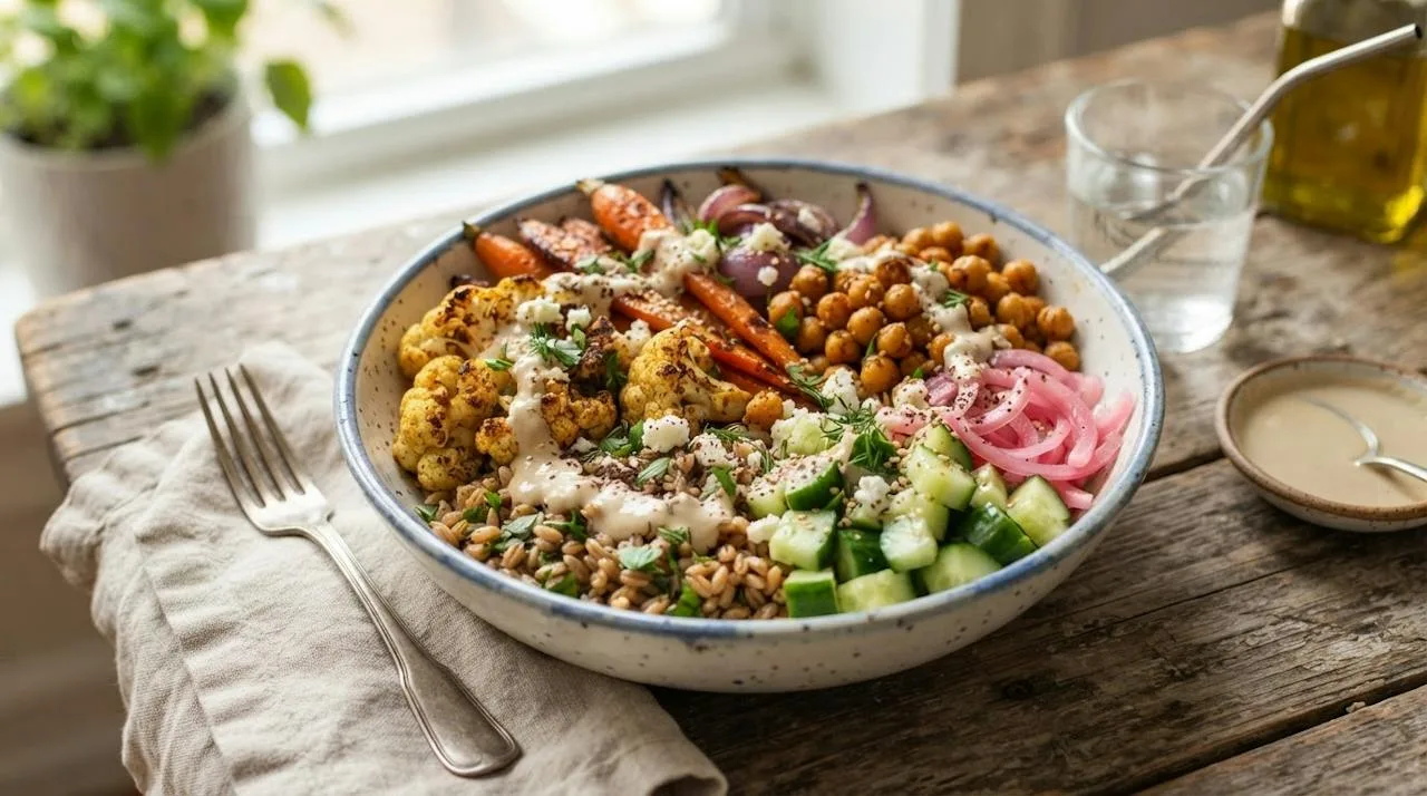 A Mediterranean farro bowl with roasted cauliflower, carrots and red onion, chickpeas, cucumber, pickled onions, feta and tahini dressing