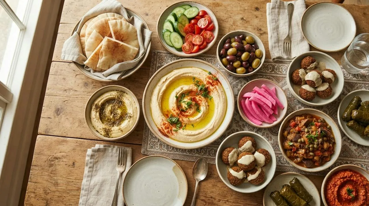 A Levantine mezze table with swirled hummus at the center, hummus with za'atar, pita, cucumbers, olives, pickled turnips and eggplant
