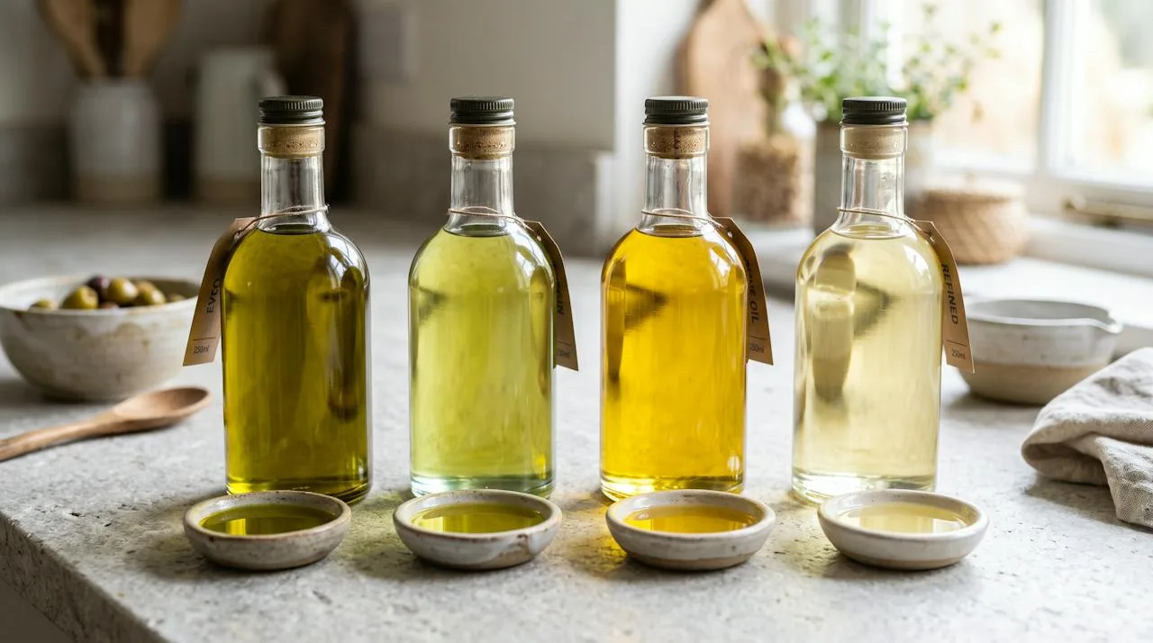 Four glass bottles of olive oil from deep green-gold extra virgin to pale refined olive oil, each with a small tasting dish