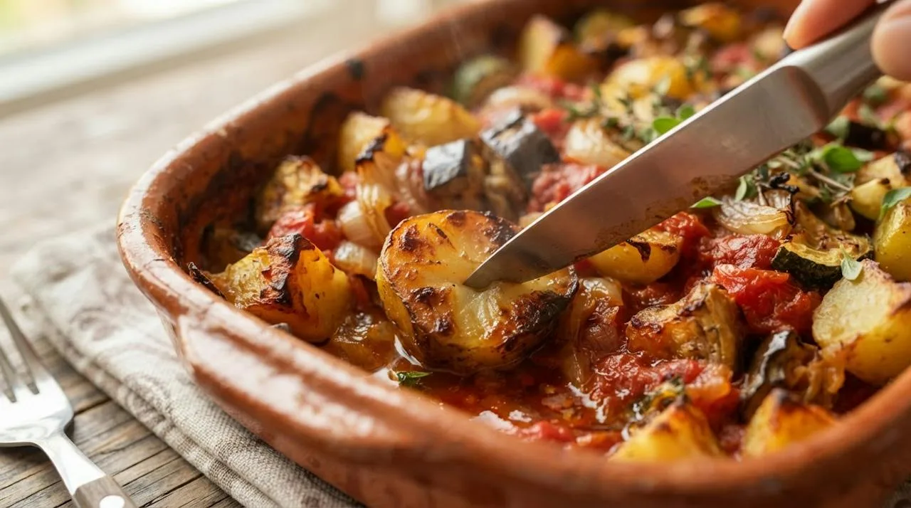 A knife sliding into a soft roasted potato in briam with browned edges and thick glossy tomato sauce