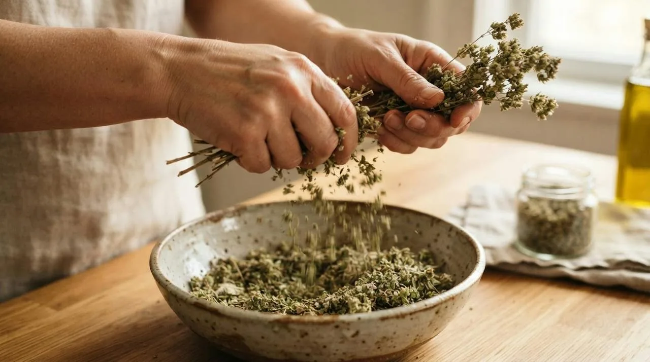 Hands rubbing dried Greek oregano stems between the palms over a bowl, releasing leaves and flowers