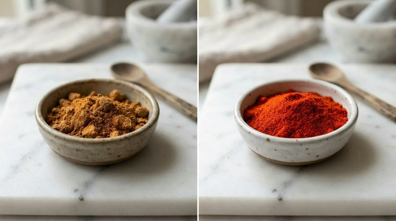 Two bowls of ground paprika side by side: one dull and faded, one bright and vivid red