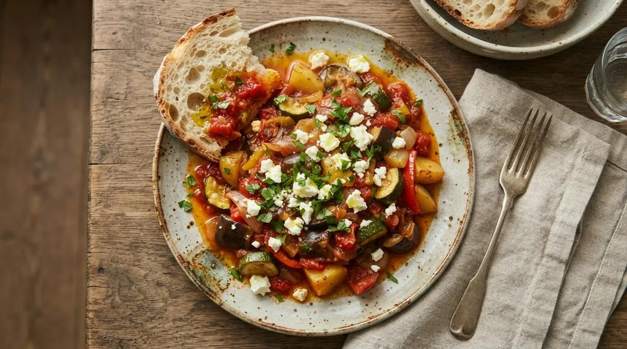A plate of warm briam topped with crumbled feta and parsley, with crusty bread dipped in the juices