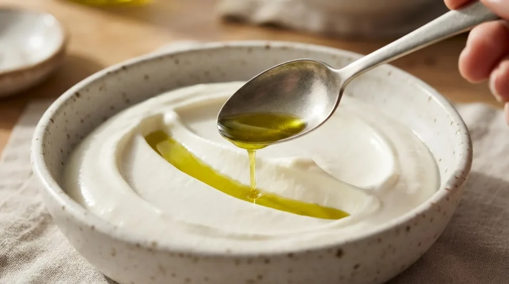 Thick, smooth labneh holding defined ridges from a spoon, with olive oil running into one ridge