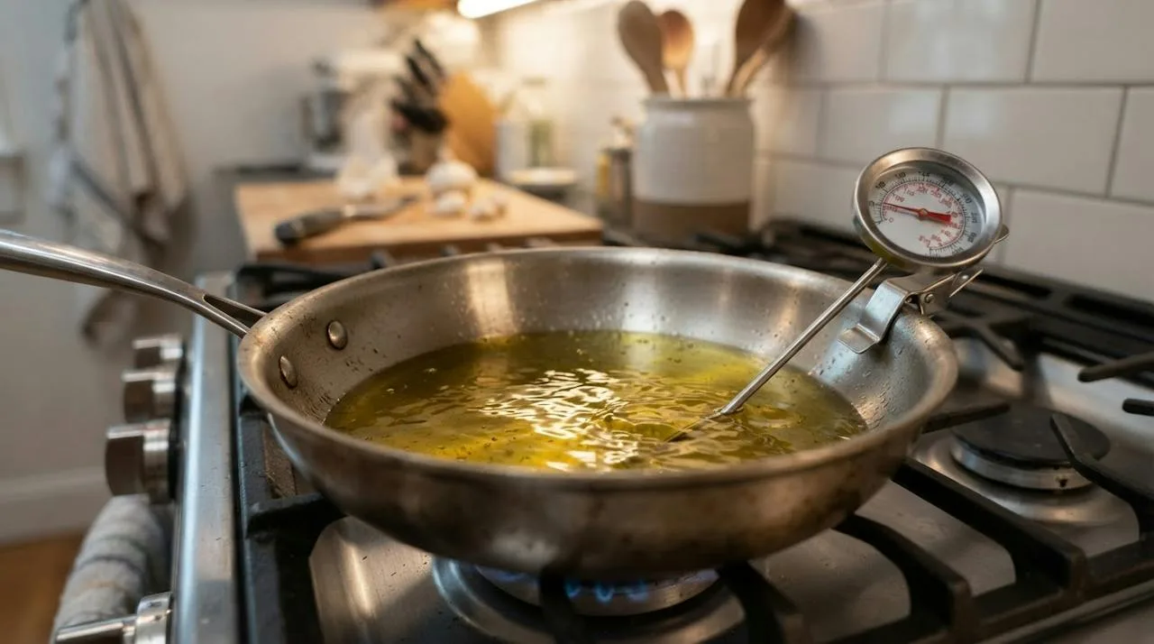 Olive oil shimmering in a stainless steel pan with a deep-fry thermometer clipped to the side