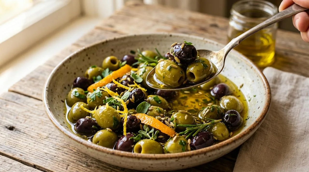 Brine-cured green and black olives marinating in olive oil with lemon zest, orange peel, fennel seed and herbs
