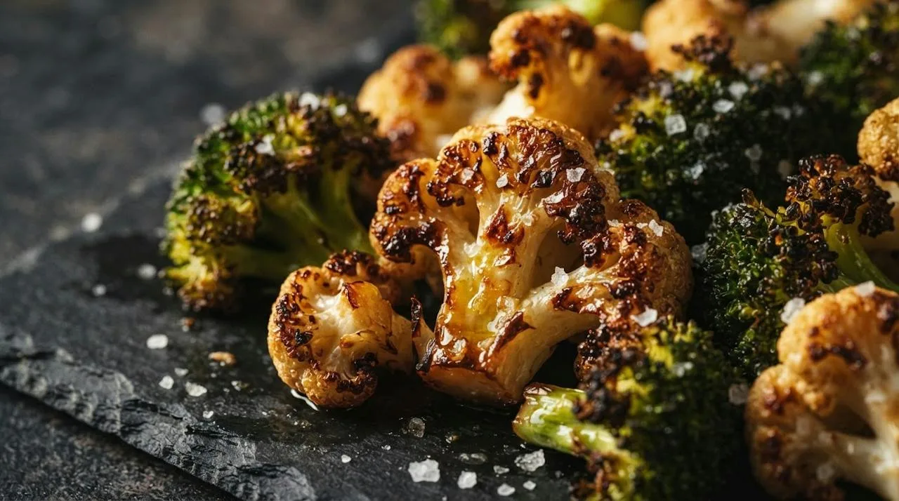 Extreme close-up of roasted cauliflower and broccoli with crispy caramelized edges, flaky salt and a drizzle of olive oil