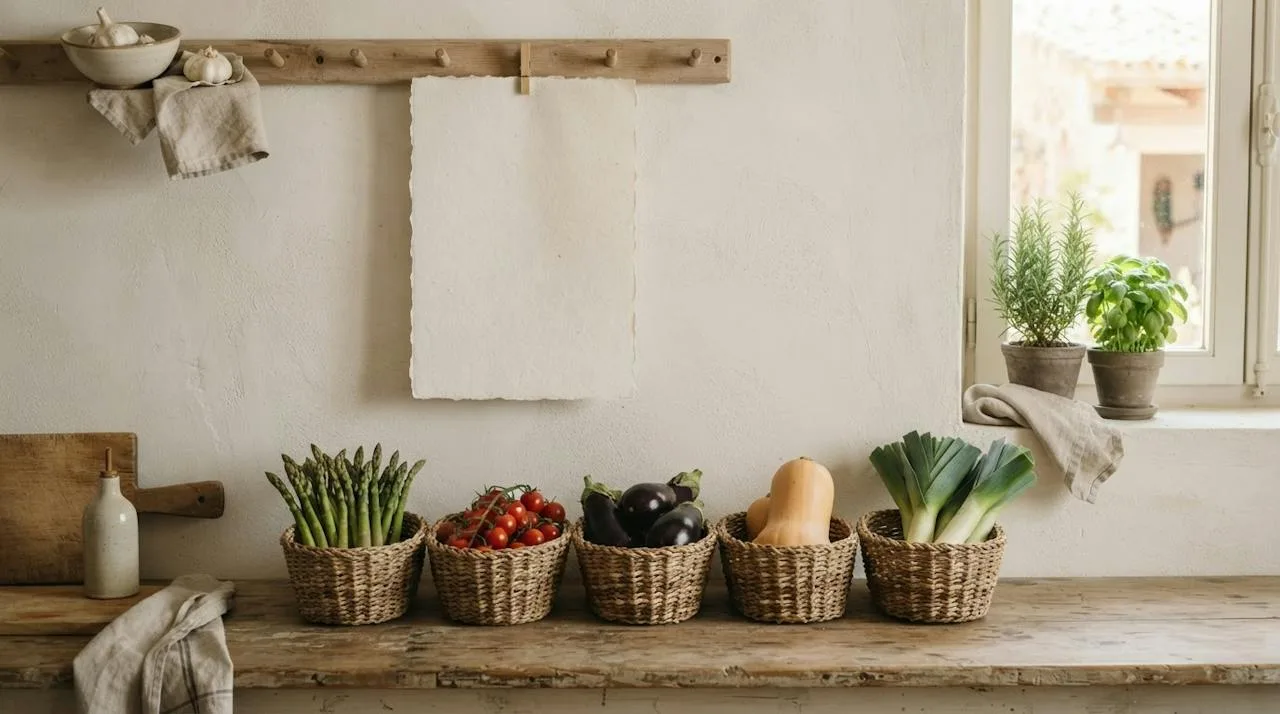 A wall calendar beside baskets of seasonal vegetables, with tomatoes, eggplant, squash, leeks and asparagus arranged in a row