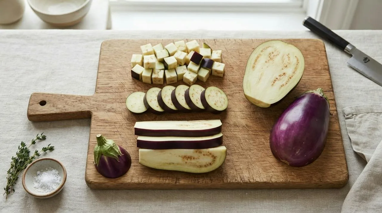 Raw eggplant cut into 2 cm cubes, 1.5 cm rounds and long slices, with peeled and unpeeled pieces and a small Italian eggplant