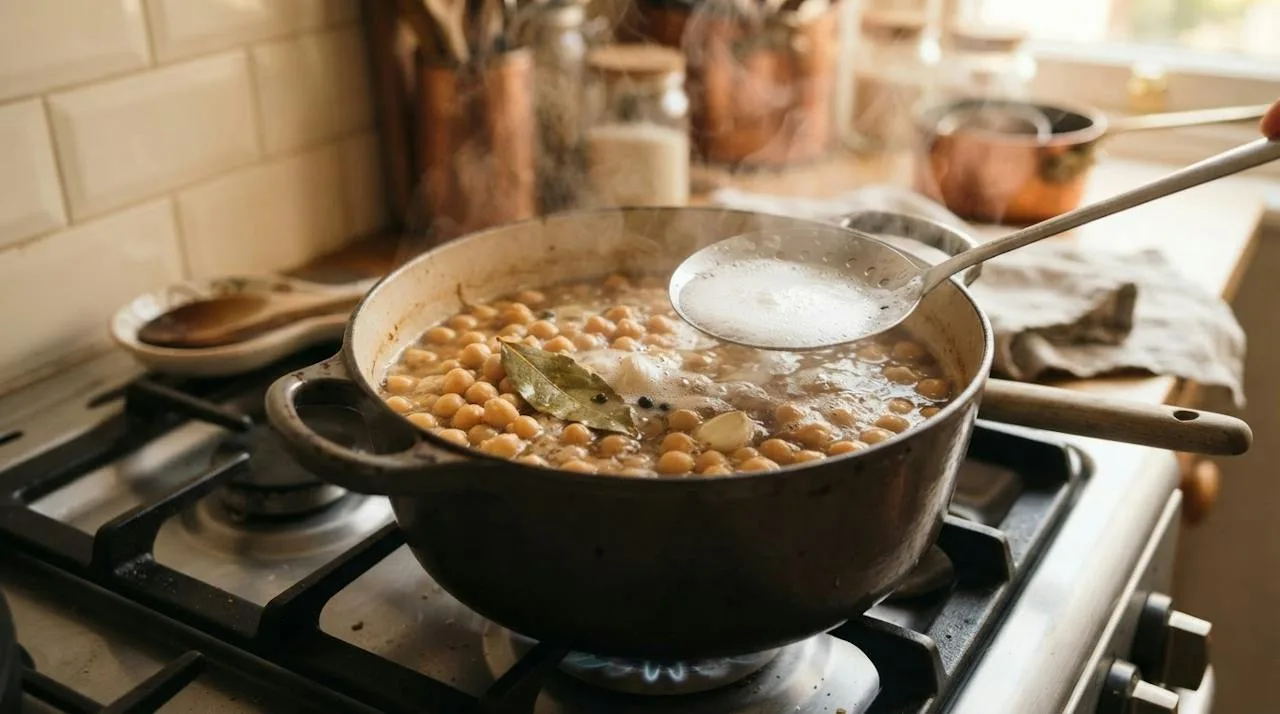 A pot of chickpeas simmering with a bay leaf and garlic while a slotted spoon skims foam from the surface