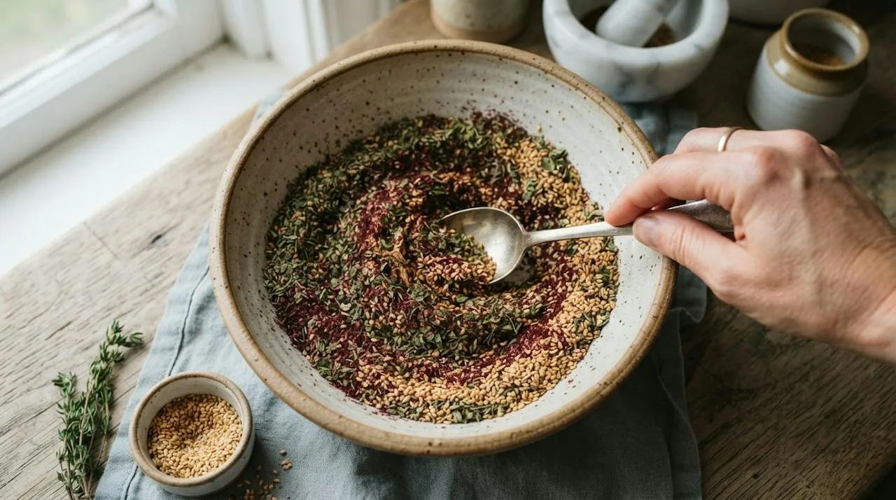 A spoon stirring crumbled herbs, sumac and toasted sesame together in a ceramic bowl