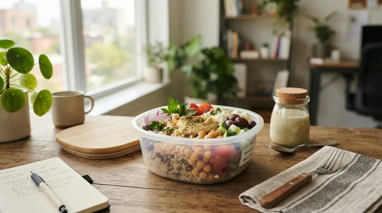 Mediterranean grain bowl in a portable container on an office desk next to a small jar of dressing