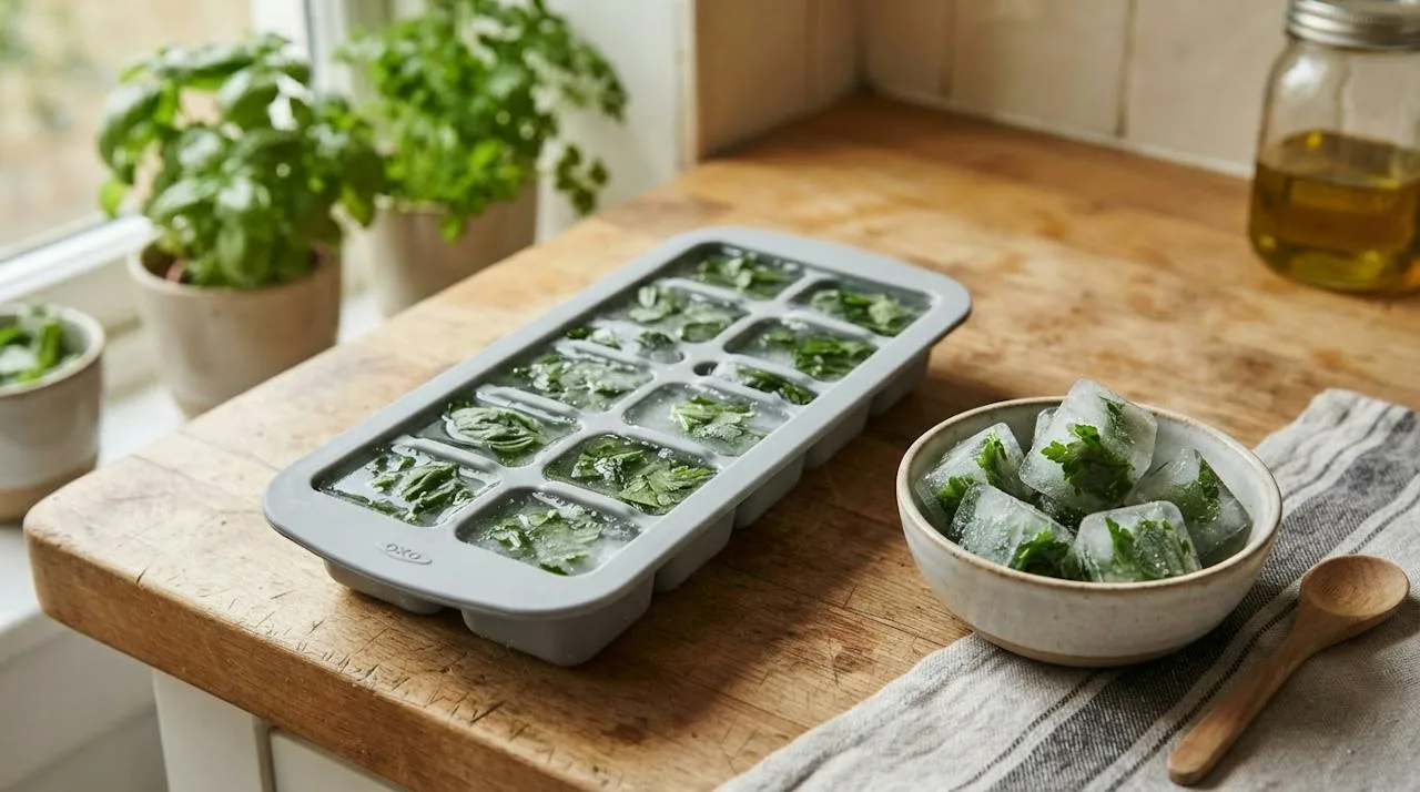 Chopped fresh basil and parsley frozen in an ice cube tray with water