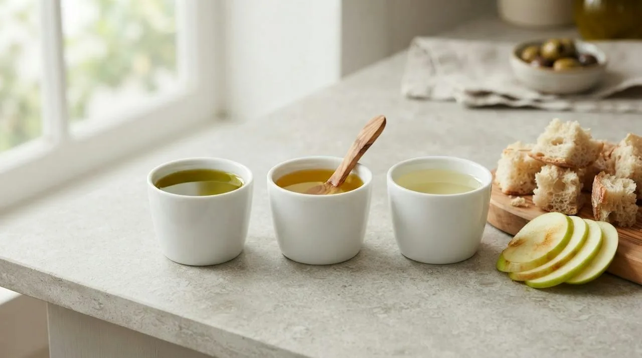 Three tasting cups comparing vibrant green-gold extra virgin, golden blended olive oil and very pale light olive oil with apple and bread