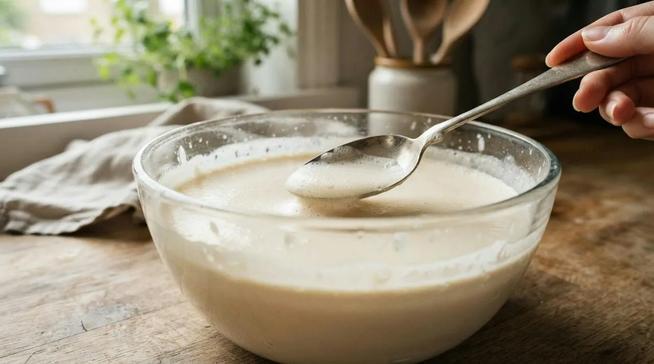 A spoon skimming foam off the surface of a thin, rested chickpea flour batter