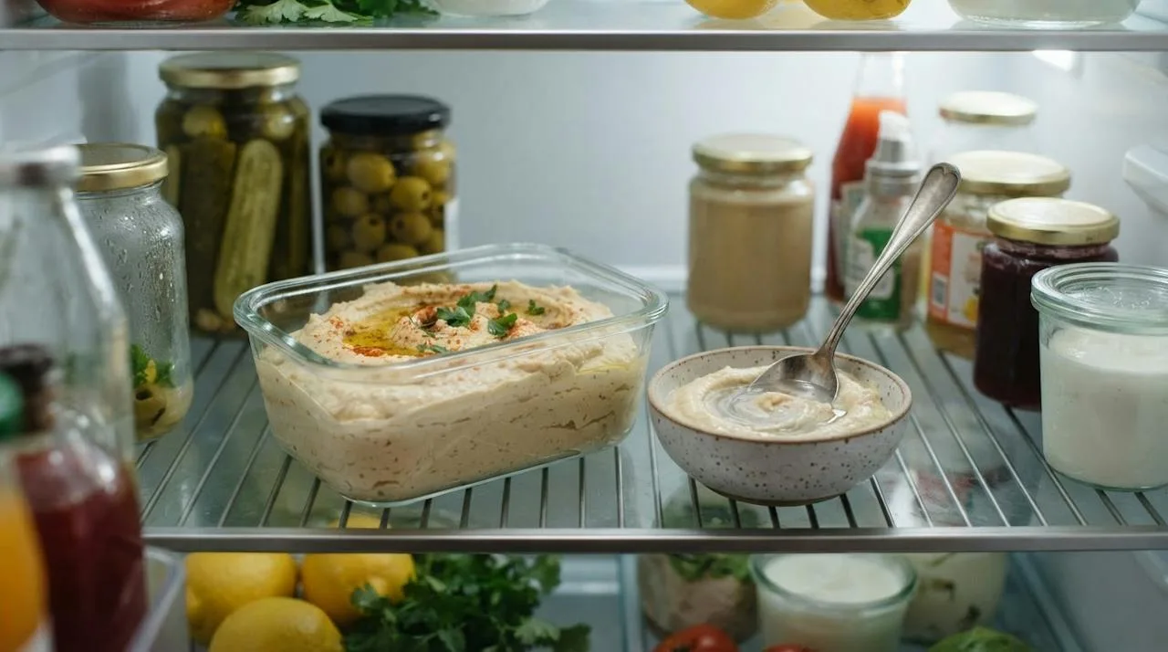 Homemade hummus in an airtight glass container, with a spoon stirring cold water into a portion to loosen it