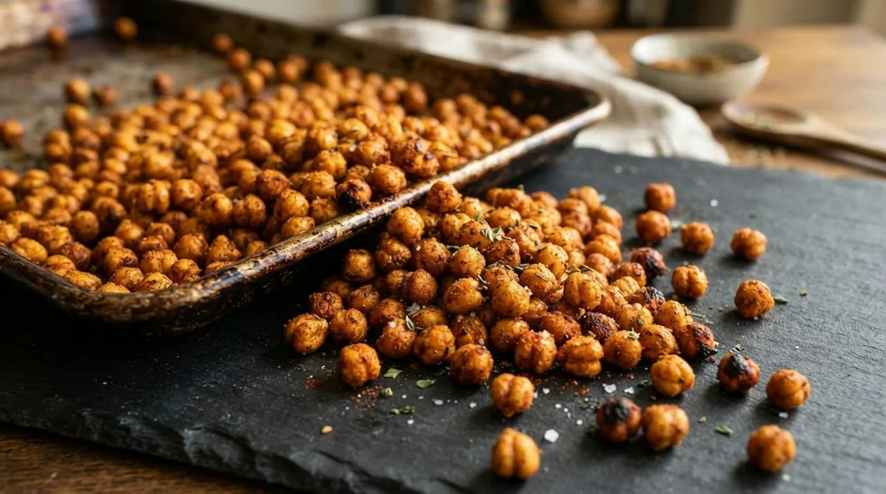 Crispy roasted chickpeas spilling from a sheet pan, golden and seasoned with smoked paprika and cumin