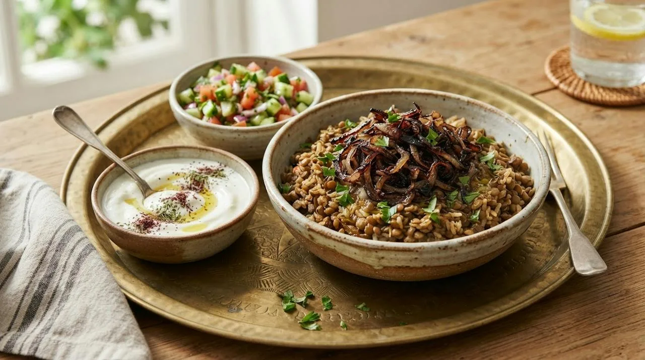Levantine mujadara-style bowl of lentils and rice topped with crispy caramelized onions with cucumber tomato salad and yogurt