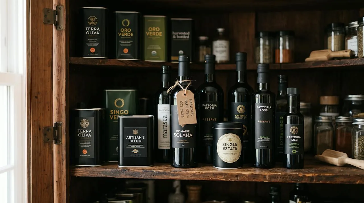 Dark tins and dark glass bottles of olive oil stored in a closed wooden pantry cupboard away from the stove