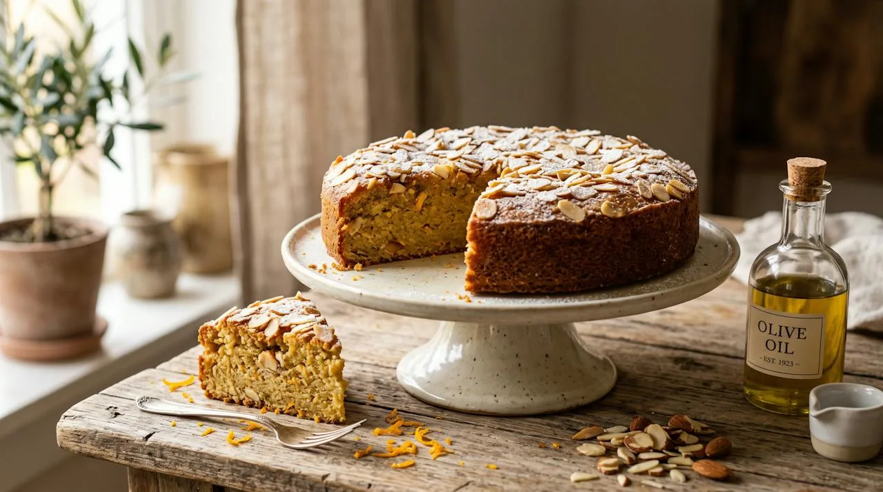 Olive oil cake on a cake stand with one slice cut, orange zest and almonds around it